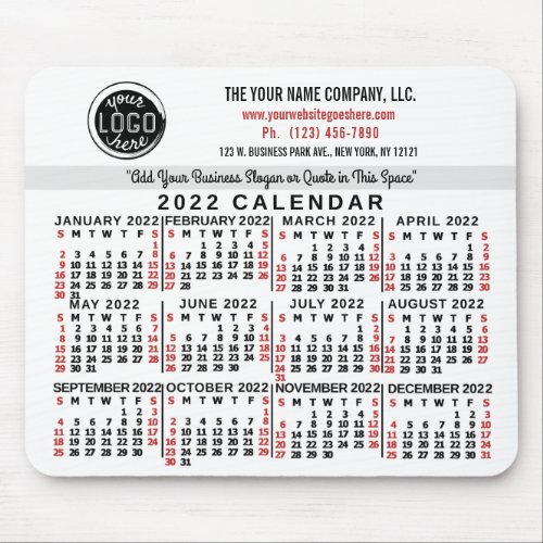2022 Calendar Custom Business Logo Name White Red Mouse Pad