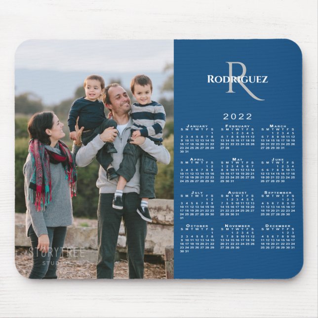 2022 Calendar Custom Photo Monogram Name on Blue Mouse Pad (Front)
