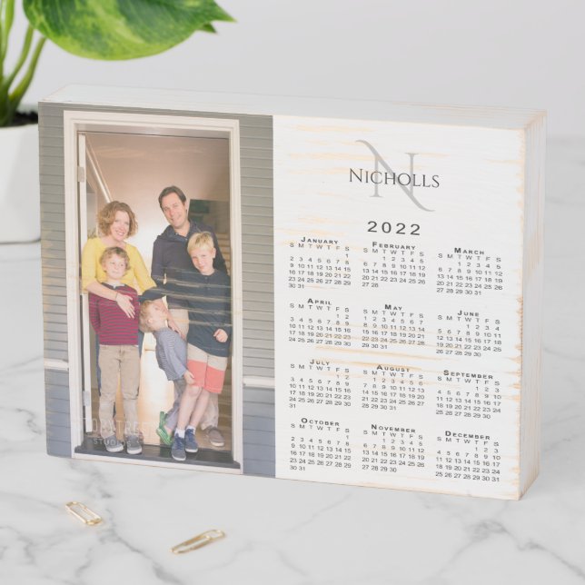 2022 Calendar Custom Photo Monogram Name on White Wooden Box Sign (In Situ Horizontal)