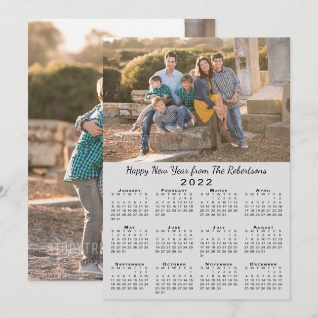 2022 Calendar Gray 2 Custom Photos Happy New Year Holiday Card (Front/Back)