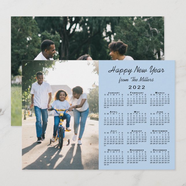 2022 Calendar Light Blue  2 Photo Happy New Year Holiday Card (Front/Back)
