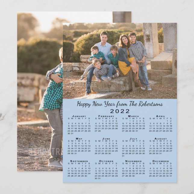 2022 Calendar Light Blue 2 Photos Happy New Year Holiday Card (Front/Back)