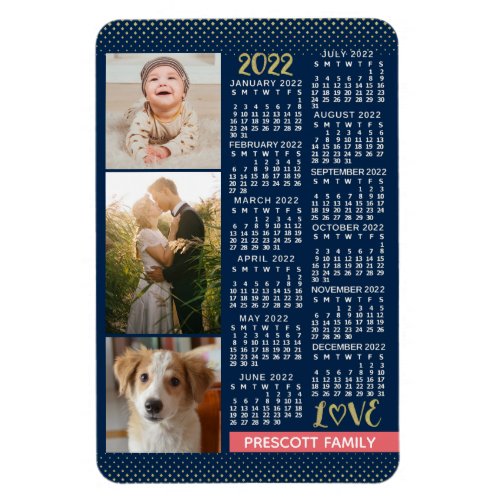 2022 Calendar Navy Coral Gold Family Photo Collage Magnet