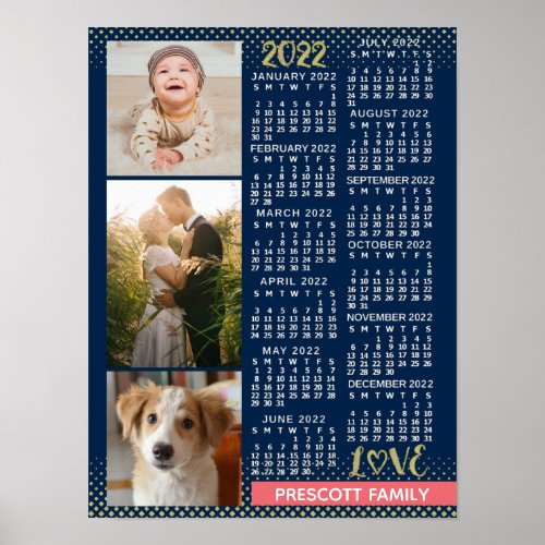 2022 Calendar Navy Coral Gold Family Photo Collage Poster
