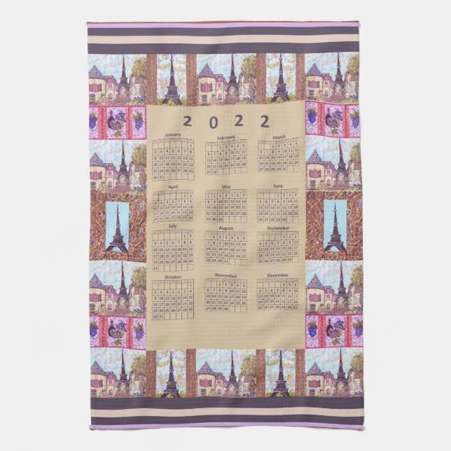 2022 Calendar Paris Eiffel Tower Pointillism Kitchen Towel (Vertical)