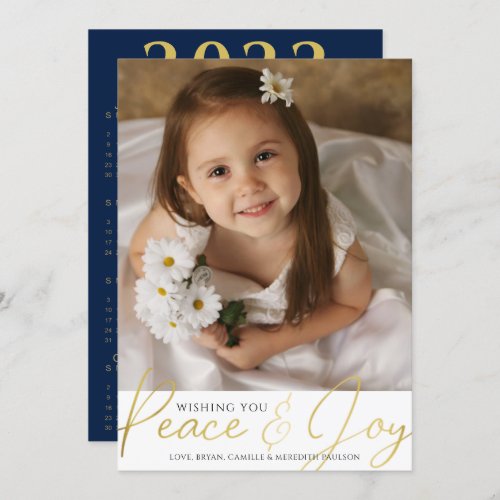 2022 Calendar PEACE AND JOY Gold Script Photo Holi Holiday Card