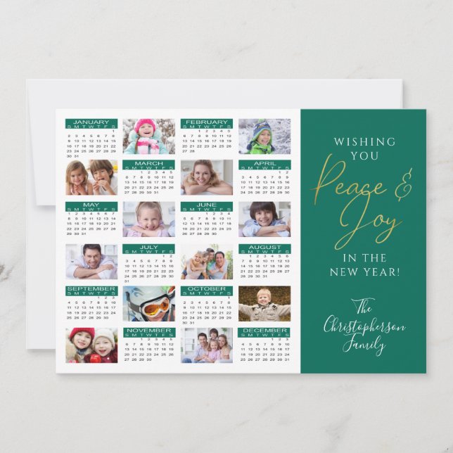 2022 Calendar Script PEACE AND JOY Photo Collage Holiday Card (Front)