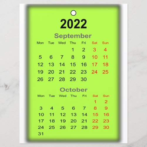 2022 Calendar September October Print on