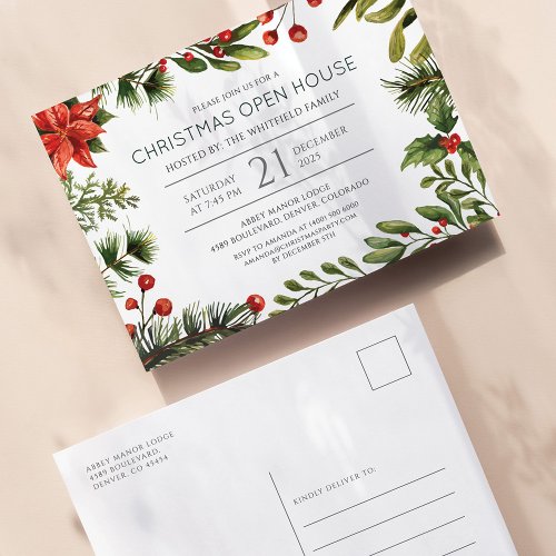 2022 Christmas Holiday Open House Red Greenery Invitation Postcard