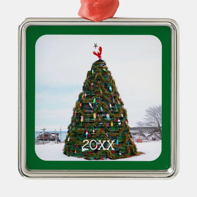 2022 Christmas Lobster Trap Tree Rockland Maine Metal Ornament (Front)