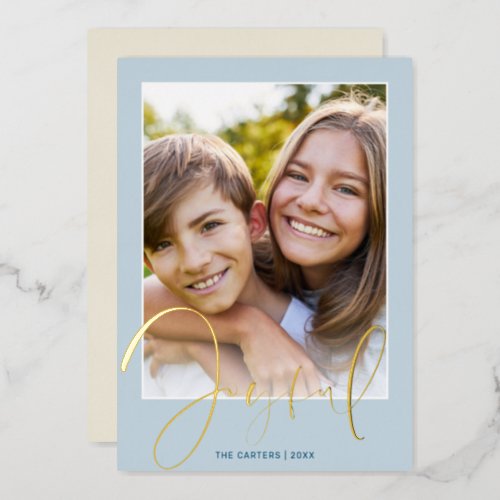 2022 CHRISTMAS PHOTO fun script gold joyful blue Foil Holiday Card