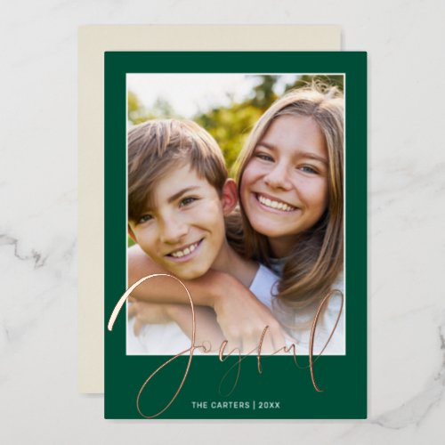 2022 CHRISTMAS PHOTO fun script gold joyful green Foil Holiday Card