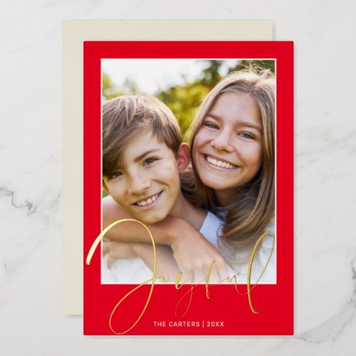 2022 CHRISTMAS PHOTO fun script gold joyful red Foil Holiday Card