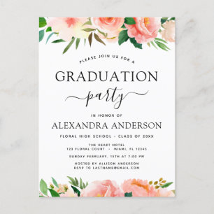 2022 Coral Peach Floral Greenery Graduation Invita Postcard