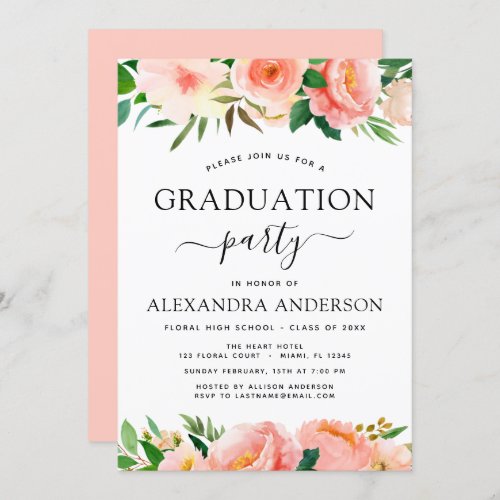 2022 Coral Peach Floral Greenery Graduation Invitation