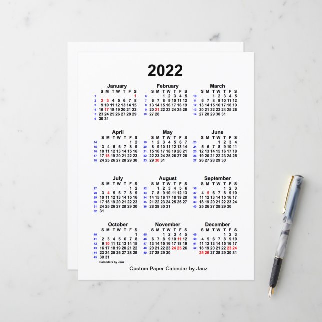 2022 Custom Holiday 52 Week Calendar by Janz (Front/Back In Situ)