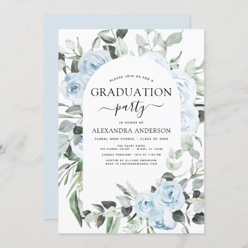 2022 Dusty Blue Graduation Floral Greenery Invitat Invitation