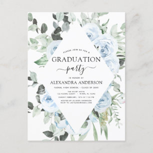 2022 Dusty Blue Graduation Floral Greenery Invitat Postcard