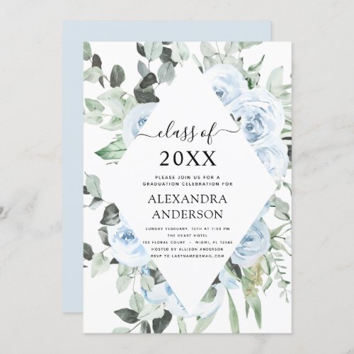 2022 Dusty Blue Graduation Floral Greenery Invitation