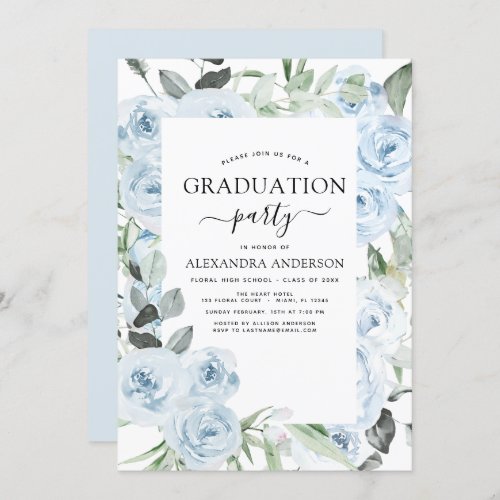 2022 Dusty Blue Graduation Floral Greenery Invitation