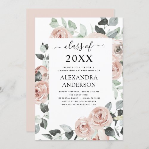 2022 Dusty Pink Graduation Floral Greenery Invitat Invitation