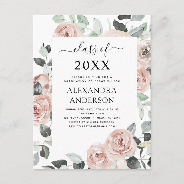 2022 Dusty Pink Graduation Floral Greenery Invitat Postcard (Front)