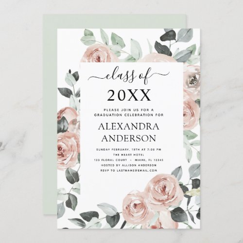 2022 Dusty Pink Graduation Floral Greenery Invitation