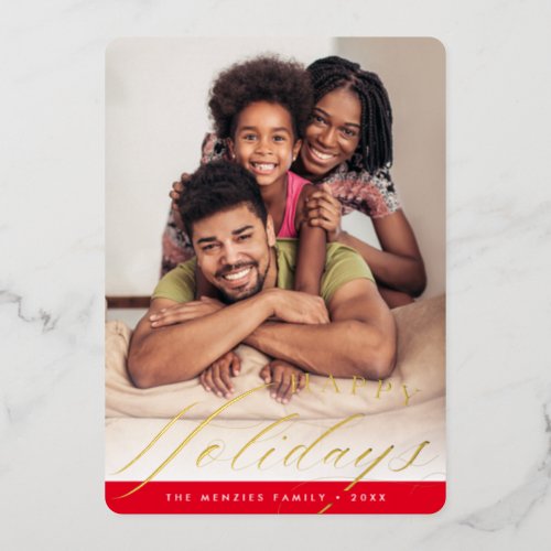 2022 FAMILY PHOTO elegant calligraphy red gold Foil Holiday Card