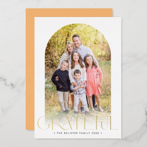 2022 FAMILY PHOTO minimal arch GRATEFUL gold Foil Holiday Card
