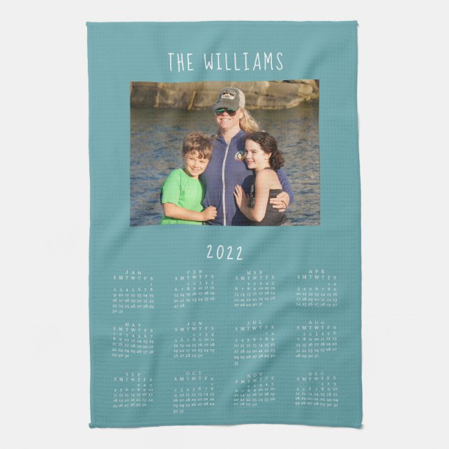 2022 Family Photo Teal Calendar Kitchen Towel (Vertical)