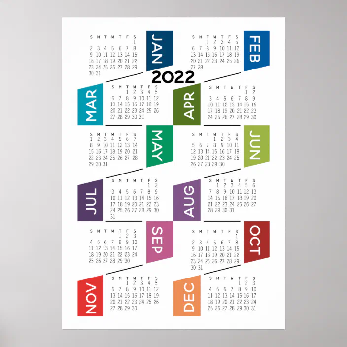 2022 Full Year View Calendar - Fun And Colorful Poster | Zazzle.com