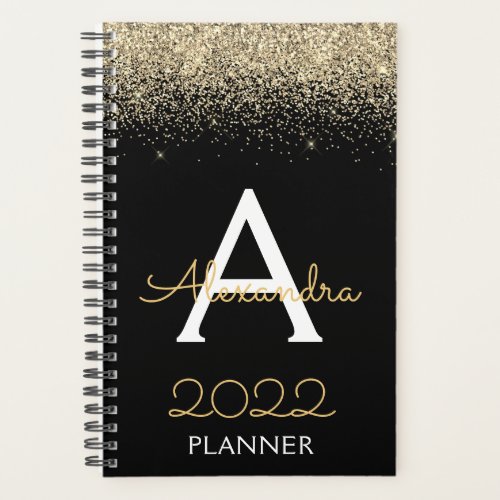 2022 Gold  Black Glitter Monogram Modern Luxury Planner