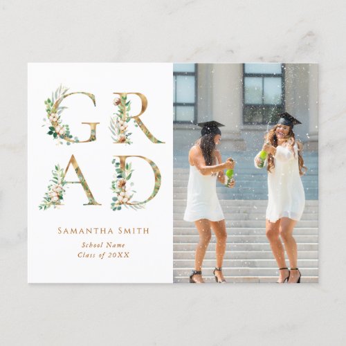 2022 Gold Floral Script Modern Photo Graduation Announcement Postcard