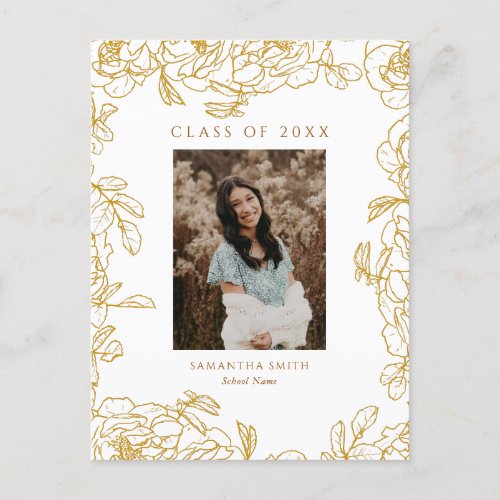 2022 Gold Floral Typography Modern Photo Grad Announcement Postcard