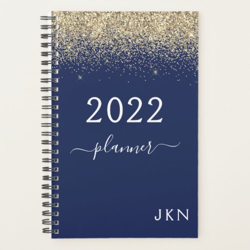 2022 Gold Navy Blue Girly Glitter Sparkle Monogram Planner