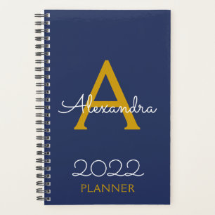 2022 Gold Navy Blue Monogram Elegant Planner