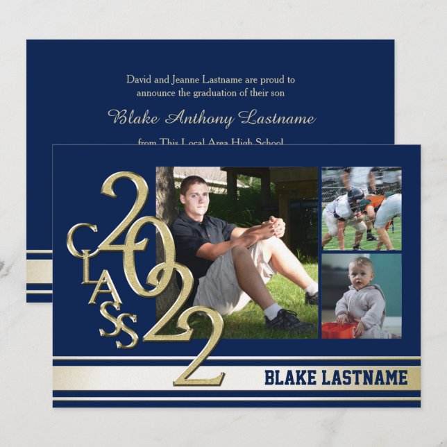 2022 Gold Varsity Stripe Graduate Tri Photo Blue Invitation (Front/Back)