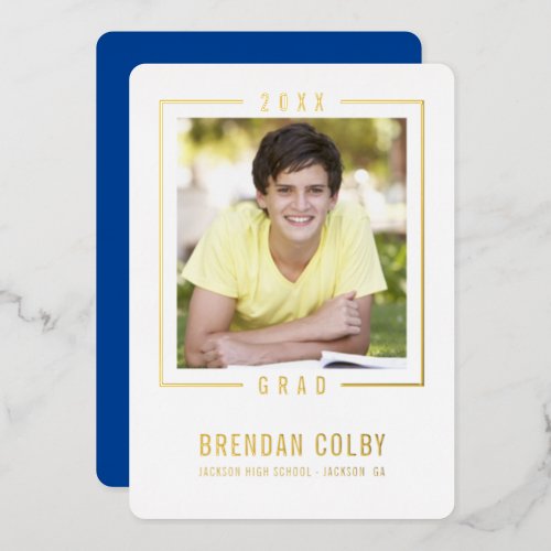 2022 GRAD photo modern frame royal blue gold Foil Invitation