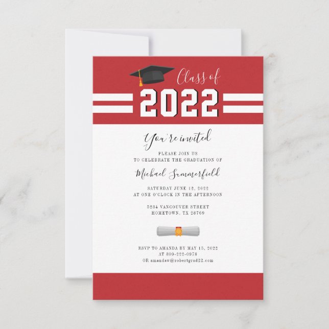 2022 Grad Red White Modern Simple Graduation Invitation (Front)