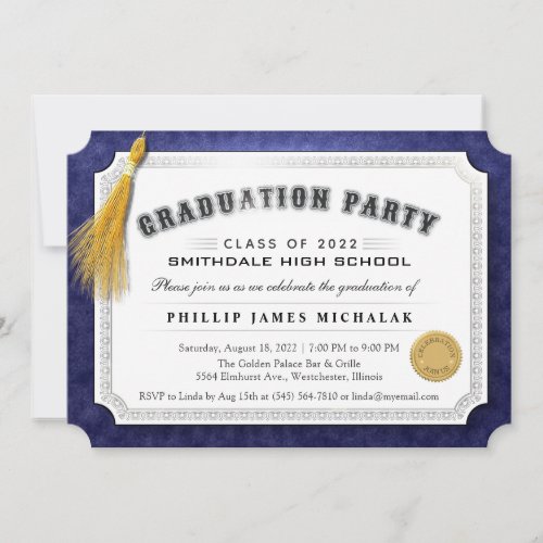 2022 Graduation Diploma Blue  Gold Invite