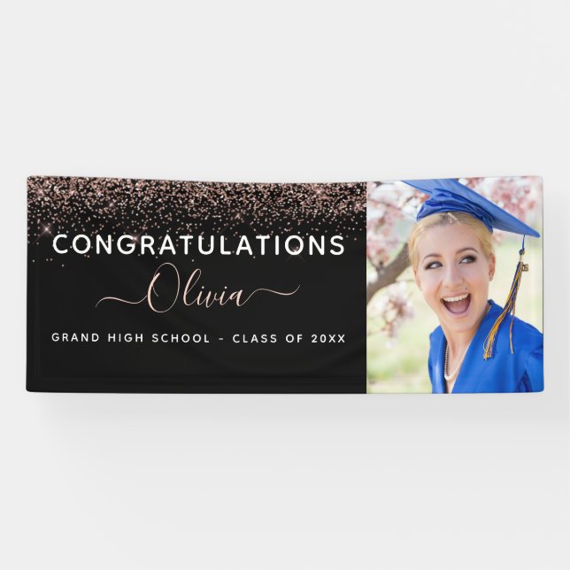 2022 Graduation Glitter Rose Gold Blush Pink Black Banner (Horizontal)