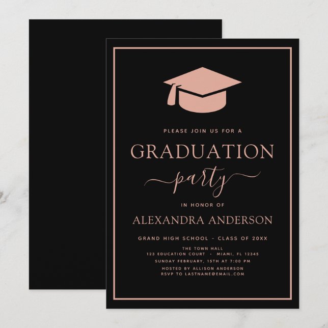 2022 Graduation Party Blush Pink Black Elegant Inv Invitation (Front/Back)