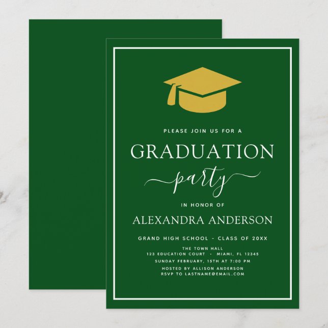 2022 Graduation Party Green Gold Modern Elegant In Invitation (Front/Back)