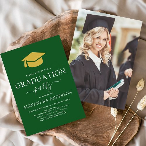 2022 Graduation Party Green Gold Photo Picture Invitation