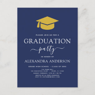 2022 Graduation Party Navy Blue Gold Elegant Invit Postcard