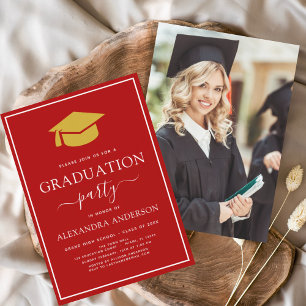 2022 Graduation Party Red Gold Photo Picture Invit Invitation
