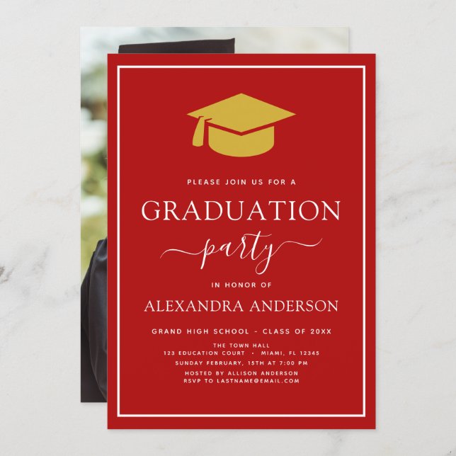 2022 Graduation Party Red Gold Photo Picture Invit Invitation (Front/Back)