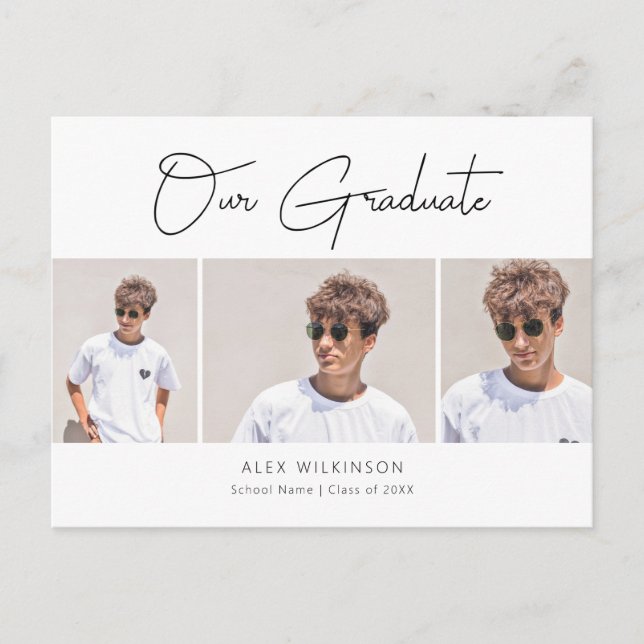 2022 Modern Minimalist Calligraphy 3 Photo Grad Announcement Postcard (Front)
