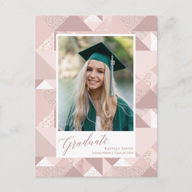 2022 Modern Pink Glitter Script Photo Graduation Announcement Postcard (Front)