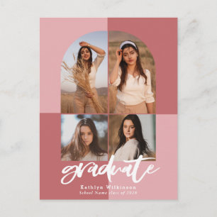 2022 Modern Script Rose Pink Arch Multi Photo Grad Invitation Postcard